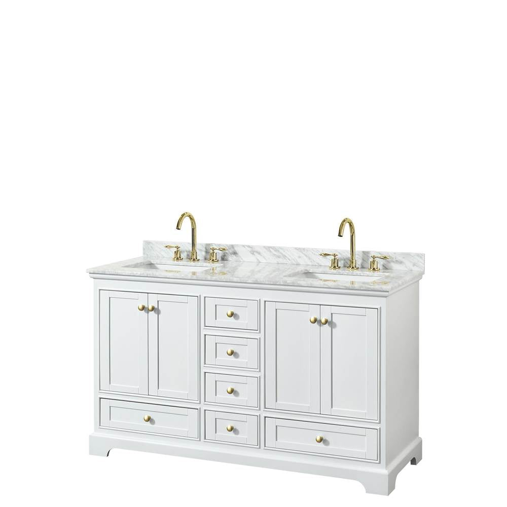 Wyndham Collection - Deborah 60 Inch Double Bathroom Vanity in White, White Carrara Marble Countertop, Undermount Square Sinks, Brushed Gold Trim, No Mirror
