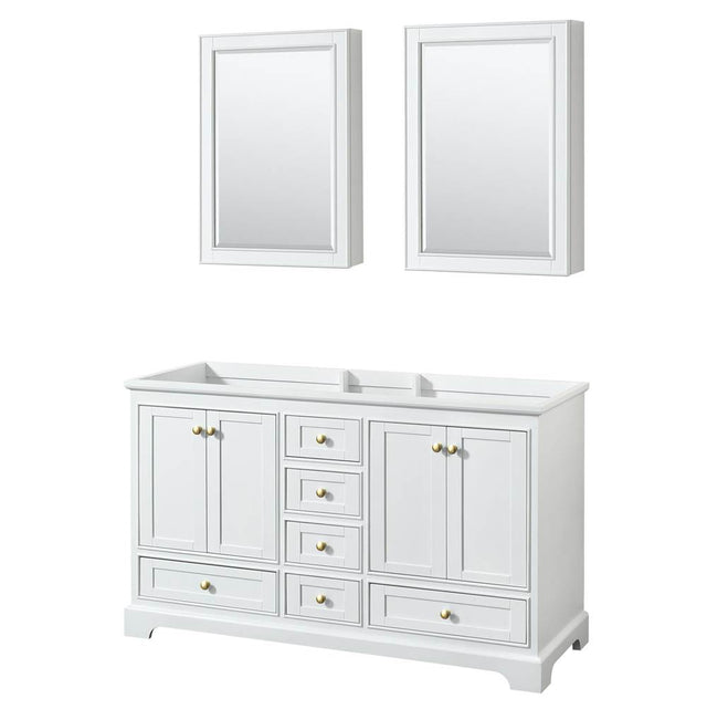 Wyndham Collection - Deborah 60 Inch Double Bathroom Vanity in White, No Countertop, No Sinks, Brushed Gold Trim, Medicine Cabinets