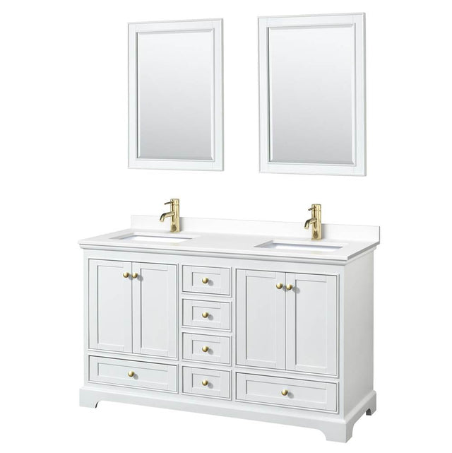 Wyndham Collection - Deborah 60 Inch Double Bathroom Vanity in White, White Cultured Marble Countertop, Undermount Square Sinks, Brushed Gold Trim, 24 Inch Mirrors