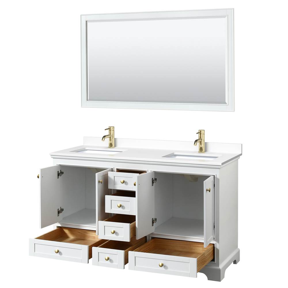 Deborah 60 Inch Double Bathroom Vanity in White, White Cultured Marble Countertop, Undermount Square Sinks, Brushed Gold Trim, 58 Inch Mirror