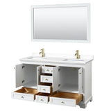 Deborah 60 Inch Double Bathroom Vanity in White, White Cultured Marble Countertop, Undermount Square Sinks, Brushed Gold Trim, 58 Inch Mirror