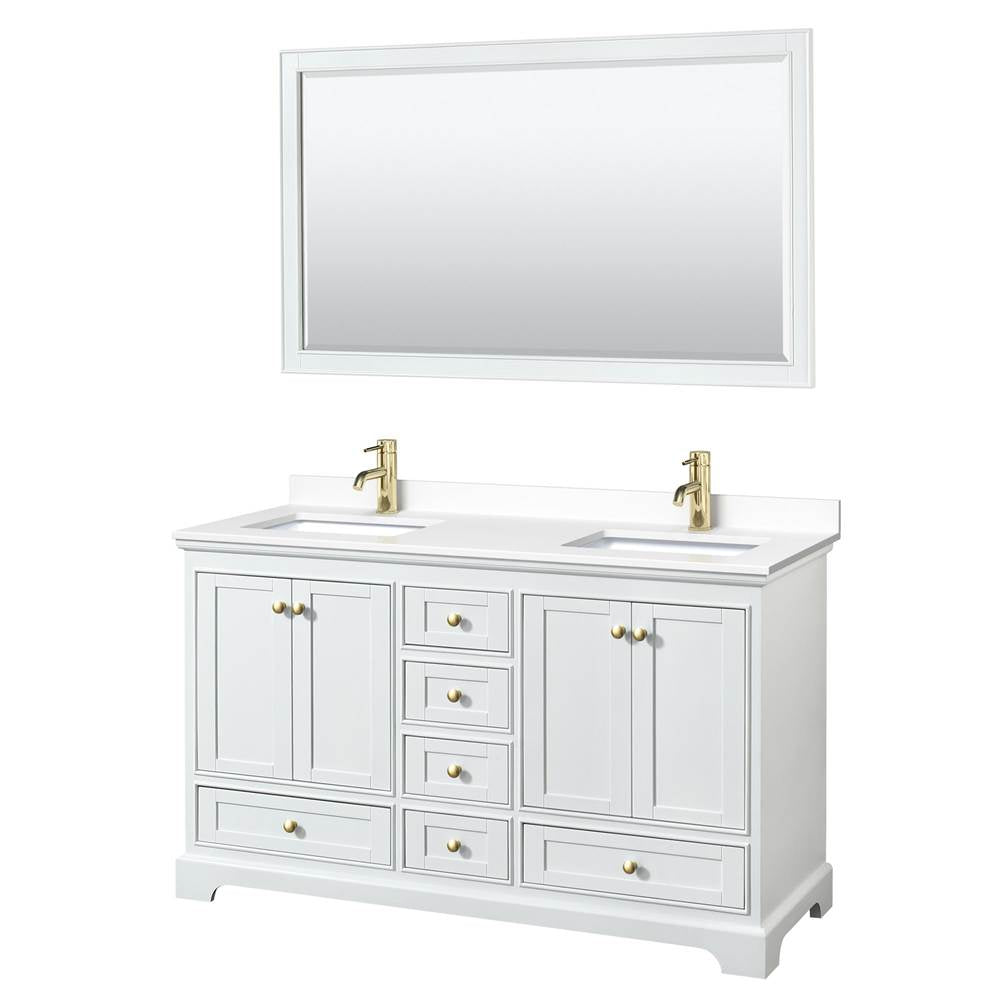 Wyndham Collection - Deborah 60 Inch Double Bathroom Vanity in White, White Cultured Marble Countertop, Undermount Square Sinks, Brushed Gold Trim, 58 Inch Mirror