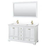 Wyndham Collection - Deborah 60 Inch Double Bathroom Vanity in White, White Cultured Marble Countertop, Undermount Square Sinks, Brushed Gold Trim, 58 Inch Mirror