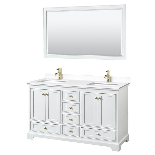 Wyndham Collection - Deborah 60 Inch Double Bathroom Vanity in White, White Cultured Marble Countertop, Undermount Square Sinks, Brushed Gold Trim, 58 Inch Mirror
