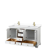 Deborah 60 Inch Double Bathroom Vanity in White, White Cultured Marble Countertop, Undermount Square Sinks, Brushed Gold Trim, No Mirrors
