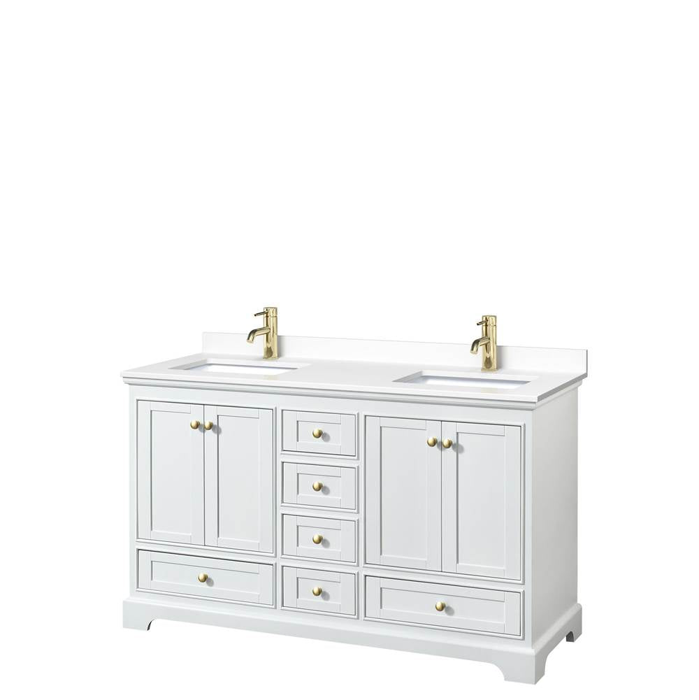 Wyndham Collection - Deborah 60 Inch Double Bathroom Vanity in White, White Cultured Marble Countertop, Undermount Square Sinks, Brushed Gold Trim, No Mirrors