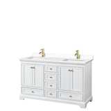 Wyndham Collection - Deborah 60 Inch Double Bathroom Vanity in White, White Cultured Marble Countertop, Undermount Square Sinks, Brushed Gold Trim, No Mirrors