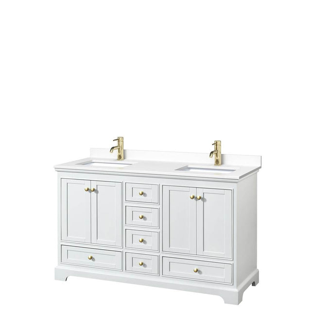 Wyndham Collection - Deborah 60 Inch Double Bathroom Vanity in White, White Cultured Marble Countertop, Undermount Square Sinks, Brushed Gold Trim, No Mirrors