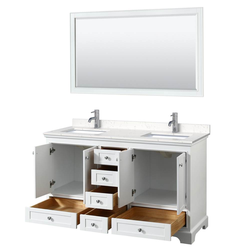 Deborah 60 Inch Double Bathroom Vanity in White, Carrara Cultured Marble Countertop, Undermount Square Sinks, 58 Inch Mirror