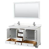 Deborah 60 Inch Double Bathroom Vanity in White, Carrara Cultured Marble Countertop, Undermount Square Sinks, 58 Inch Mirror