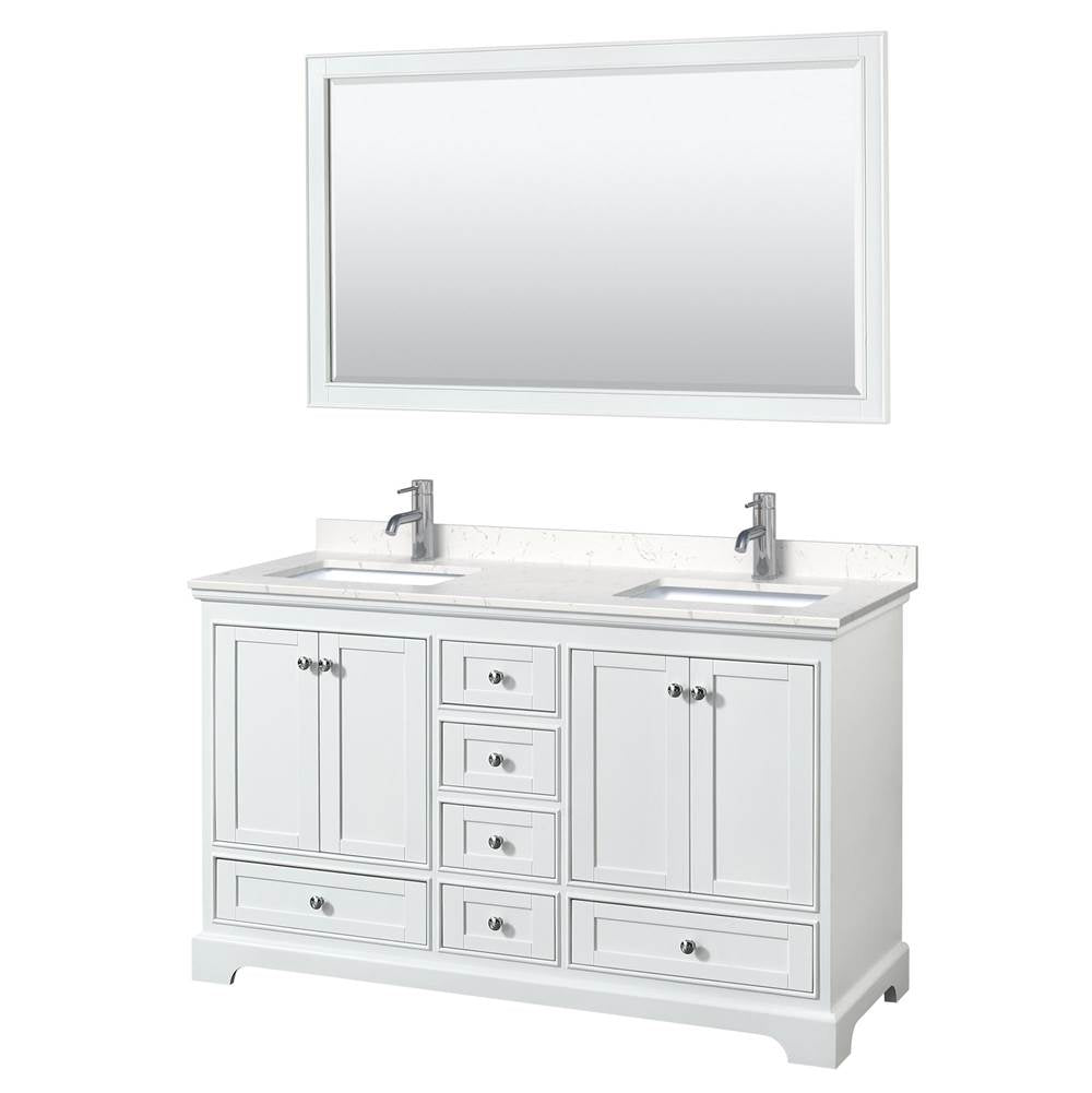 Wyndham Collection - Deborah 60 Inch Double Bathroom Vanity in White, Carrara Cultured Marble Countertop, Undermount Square Sinks, 58 Inch Mirror