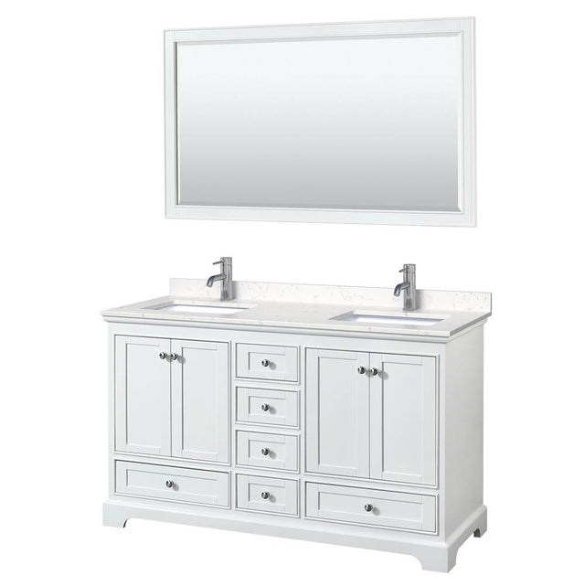 Wyndham Collection - Deborah 60 Inch Double Bathroom Vanity in White, Carrara Cultured Marble Countertop, Undermount Square Sinks, 58 Inch Mirror