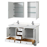 Deborah 60 Inch Double Bathroom Vanity in White, Carrara Cultured Marble Countertop, Undermount Square Sinks, Medicine Cabinets