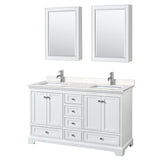 Wyndham Collection - Deborah 60 Inch Double Bathroom Vanity in White, Carrara Cultured Marble Countertop, Undermount Square Sinks, Medicine Cabinets