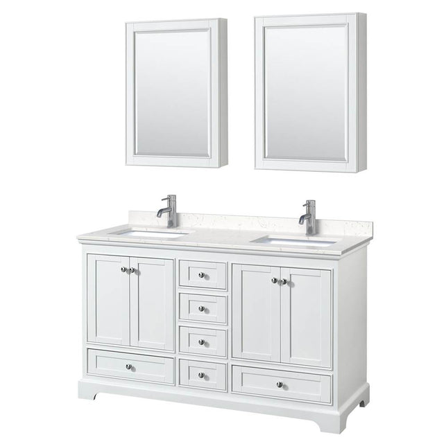 Wyndham Collection - Deborah 60 Inch Double Bathroom Vanity in White, Carrara Cultured Marble Countertop, Undermount Square Sinks, Medicine Cabinets