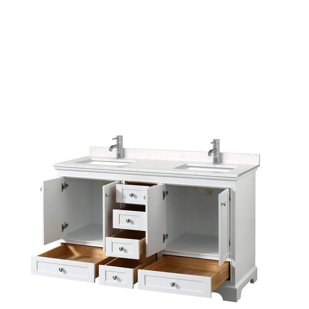 Deborah 60 Inch Double Bathroom Vanity in White, Carrara Cultured Marble Countertop, Undermount Square Sinks, No Mirrors