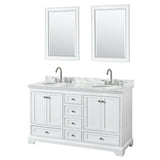 Wyndham Collection - Deborah 60 Inch Double Bathroom Vanity in White, White Carrara Marble Countertop, Undermount Oval Sinks, and 24 Inch Mirrors - White