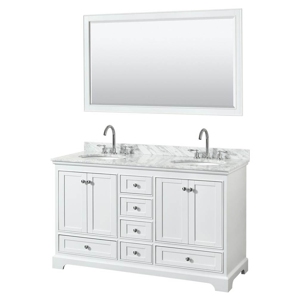 Wyndham Collection - Deborah 60 Inch Double Bathroom Vanity in White, White Carrara Marble Countertop, Undermount Oval Sinks, and 58 Inch Mirror - White