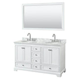 Wyndham Collection - Deborah 60 Inch Double Bathroom Vanity in White, White Carrara Marble Countertop, Undermount Oval Sinks, and 58 Inch Mirror - White