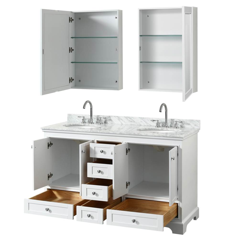 Deborah 60 Inch Double Bathroom Vanity in Dark Espresso, White Carrara Marble Countertop, Undermount Oval Sinks, and Medicine Cabinets