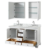 Deborah 60 Inch Double Bathroom Vanity in Dark Espresso, White Carrara Marble Countertop, Undermount Oval Sinks, and Medicine Cabinets