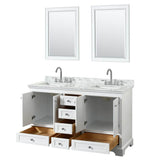 Deborah 60 Inch Double Bathroom Vanity in Dark Espresso, White Carrara Marble Countertop, Undermount Square Sinks, and 24 Inch Mirrors