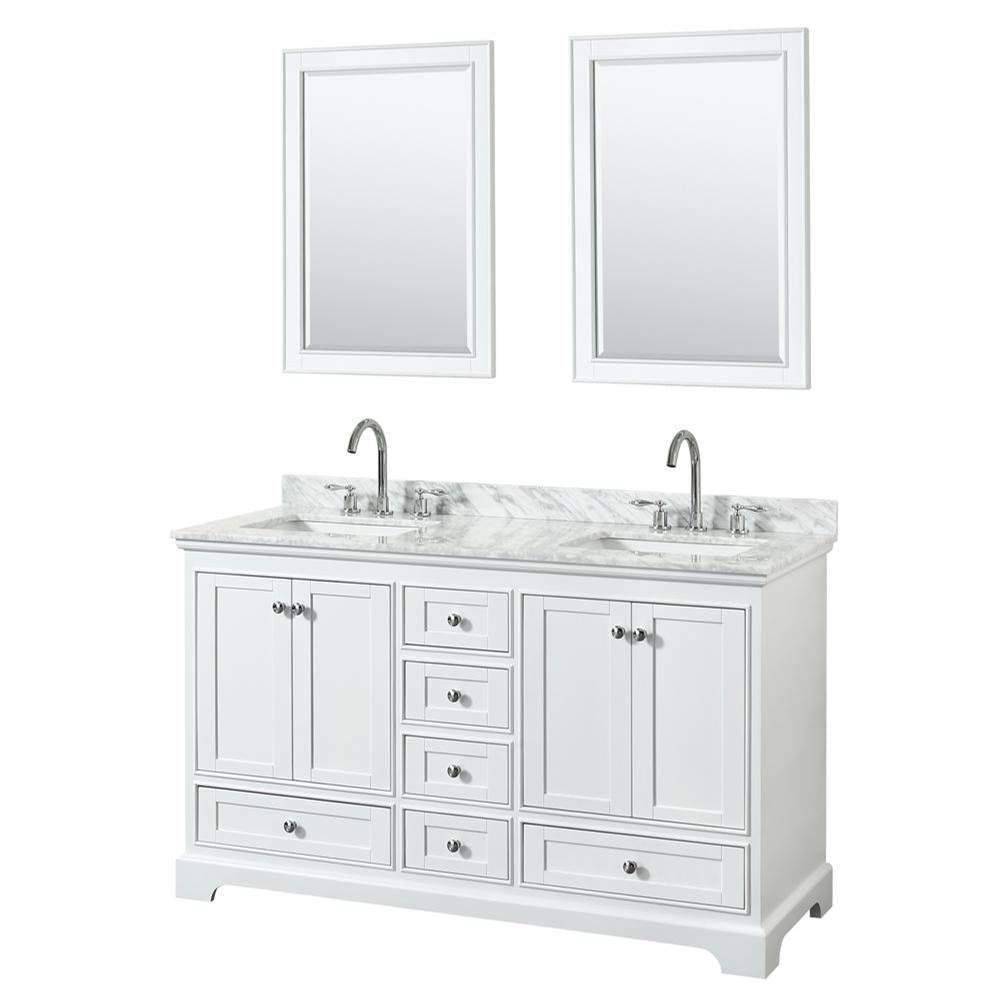 Wyndham Collection - Deborah 60 Inch Double Bathroom Vanity in White, White Carrara Marble Countertop, Undermount Square Sinks, and 24 Inch Mirrors - White