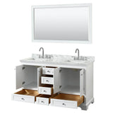 Deborah 60 Inch Double Bathroom Vanity in Dark Espresso, White Carrara Marble Countertop, Undermount Square Sinks, and 58 Inch Mirror