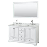Wyndham Collection - Deborah 60 Inch Double Bathroom Vanity in White, White Carrara Marble Countertop, Undermount Square Sinks, and 58 Inch Mirror - White
