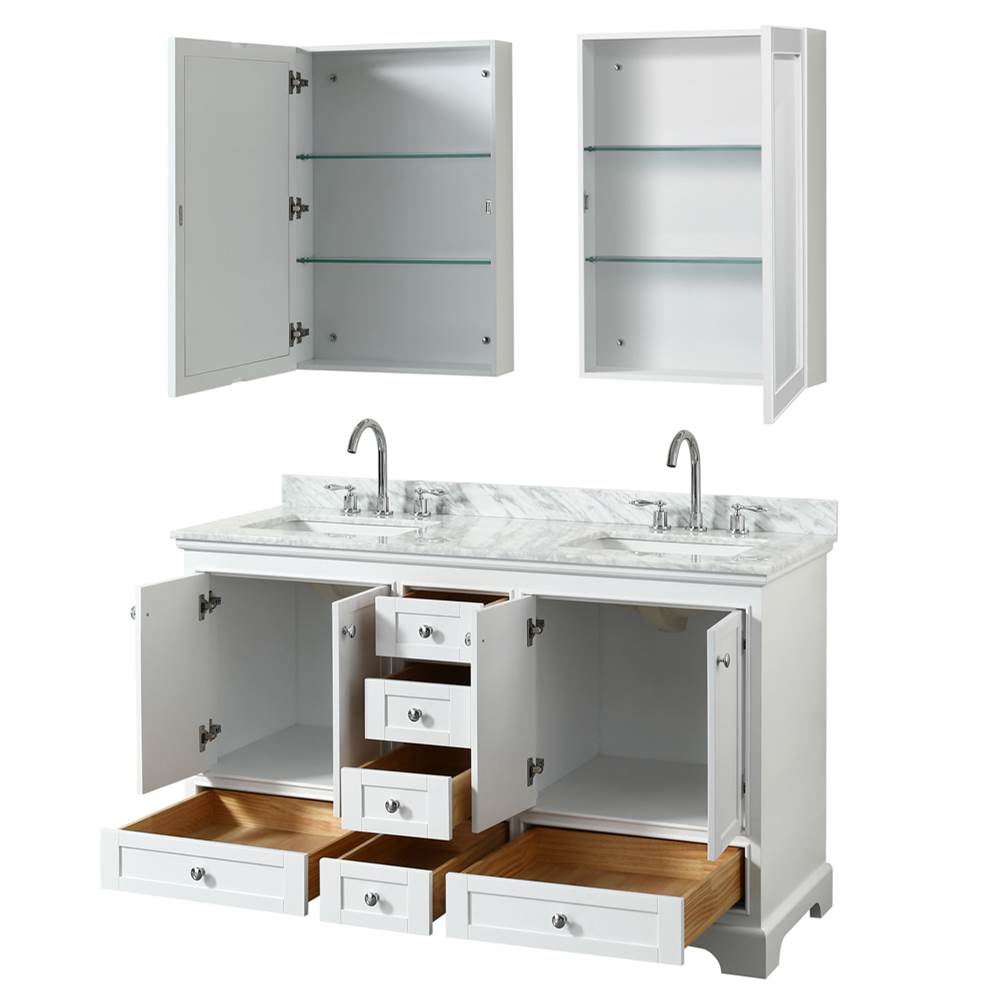 Deborah 60 Inch Double Bathroom Vanity in Dark Espresso, White Carrara Marble Countertop, Undermount Square Sinks, and Medicine Cabinets