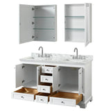 Deborah 60 Inch Double Bathroom Vanity in Dark Espresso, White Carrara Marble Countertop, Undermount Square Sinks, and Medicine Cabinets