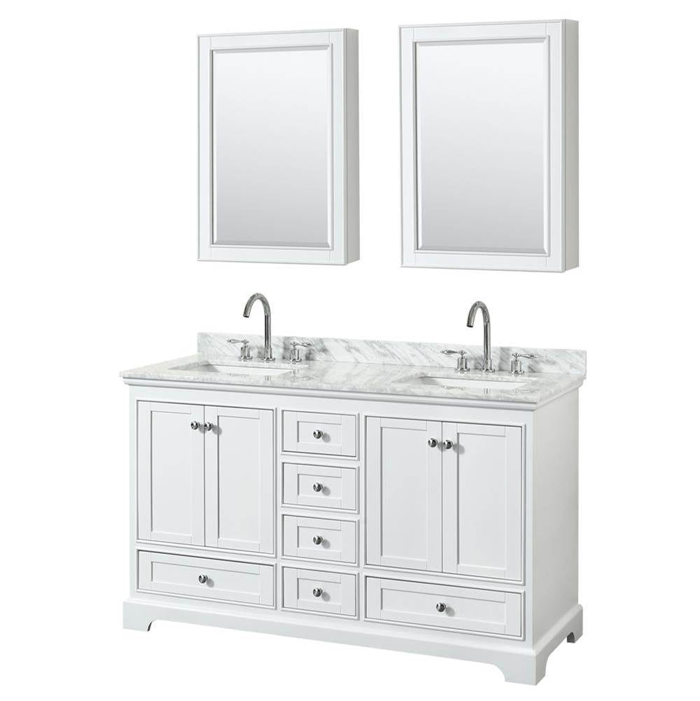 Wyndham Collection - Deborah 60 Inch Double Bathroom Vanity in White, White Carrara Marble Countertop, Undermount Square Sinks, and Medicine Cabinets - White