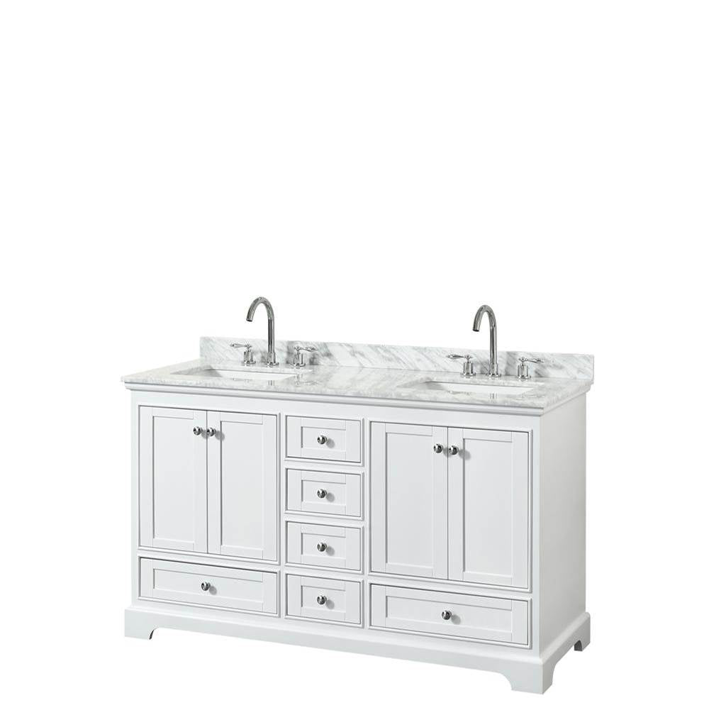 Wyndham Collection - Deborah 60 Inch Double Bathroom Vanity in White, White Carrara Marble Countertop, Undermount Square Sinks, and No Mirror - White