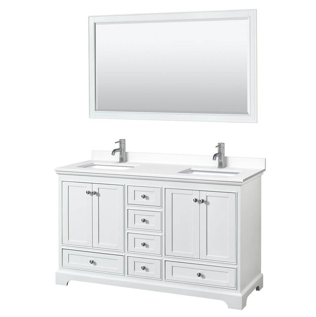 Wyndham Collection - Deborah 60 Inch Double Bathroom Vanity in White, White Cultured Marble Countertop, Undermount Square Sinks, 58 Inch Mirror
