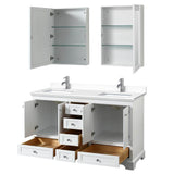 Deborah 60 Inch Double Bathroom Vanity in White, White Cultured Marble Countertop, Undermount Square Sinks, Medicine Cabinets
