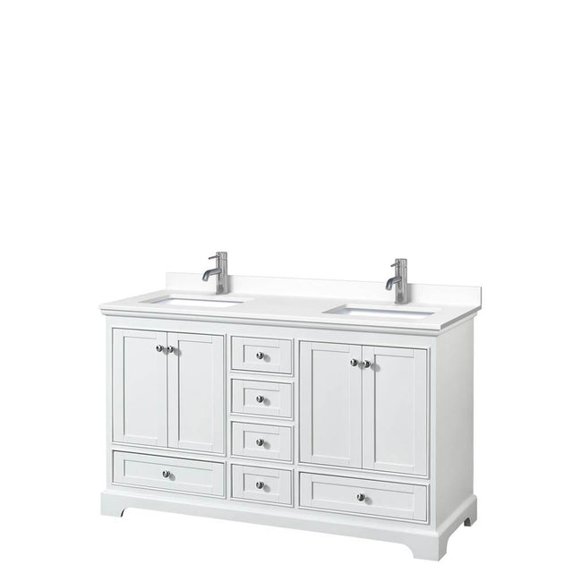 Wyndham Collection - Deborah 60 Inch Double Bathroom Vanity in White, White Cultured Marble Countertop, Undermount Square Sinks, No Mirrors