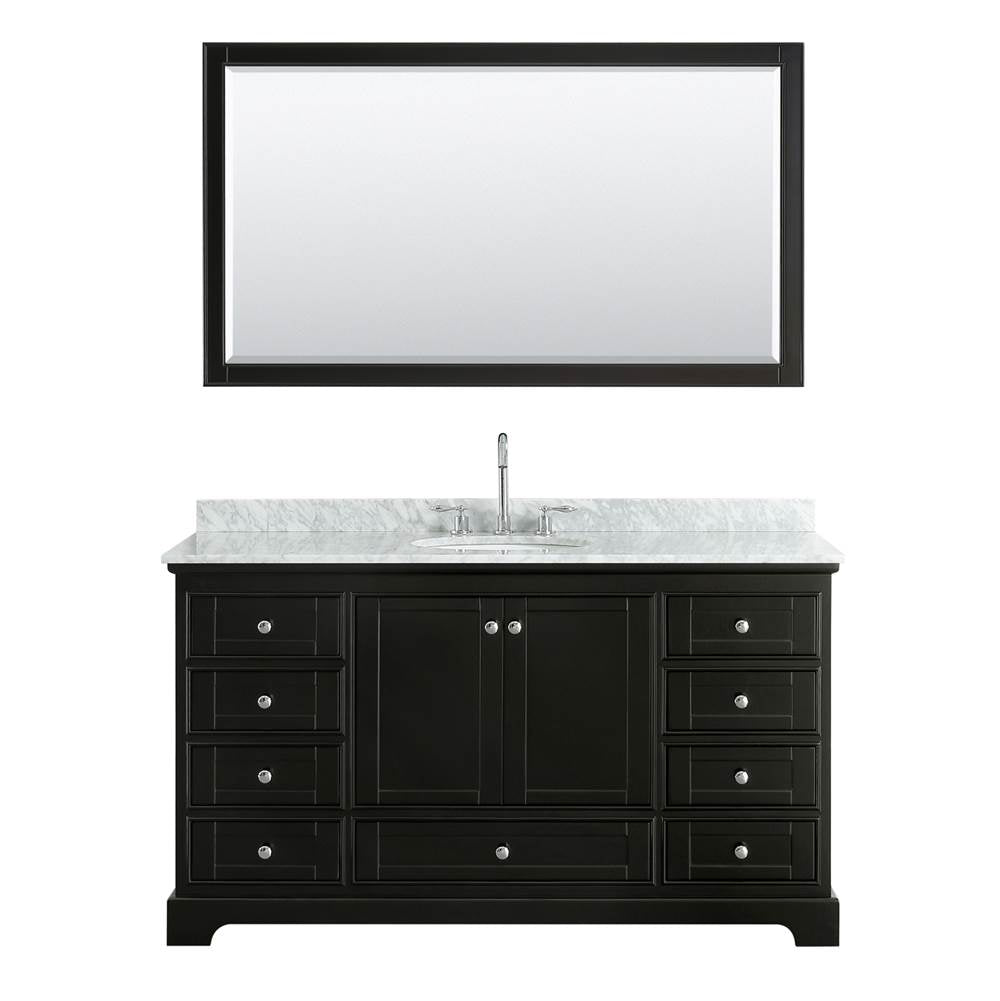 Deborah 60 Inch Single Bathroom Vanity in Dark Espresso, White Carrara Marble Countertop, Undermount Oval Sink, and 58 Inch Mirror