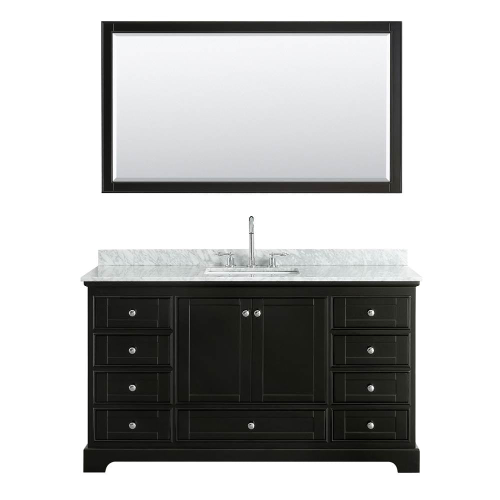 Deborah 60 Inch Single Bathroom Vanity in Dark Espresso, White Carrara Marble Countertop, Undermount Square Sink, and 58 Inch Mirror