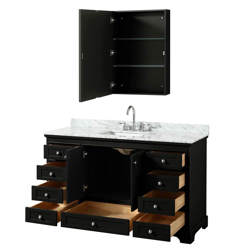 Deborah 60 Inch Single Bathroom Vanity in Dark Espresso, White Carrara Marble Countertop, Undermount Square Sink, and Medicine Cabinet