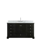 Deborah 60 Inch Single Bathroom Vanity in Dark Espresso, White Carrara Marble Countertop, Undermount Square Sink, and No Mirror