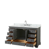 Deborah 60 Inch Single Bathroom Vanity in Dark Espresso, White Carrara Marble Countertop, Undermount Oval Sink, and No Mirror