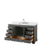 Deborah 60 Inch Single Bathroom Vanity in Dark Espresso, White Carrara Marble Countertop, Undermount Square Sink, and No Mirror