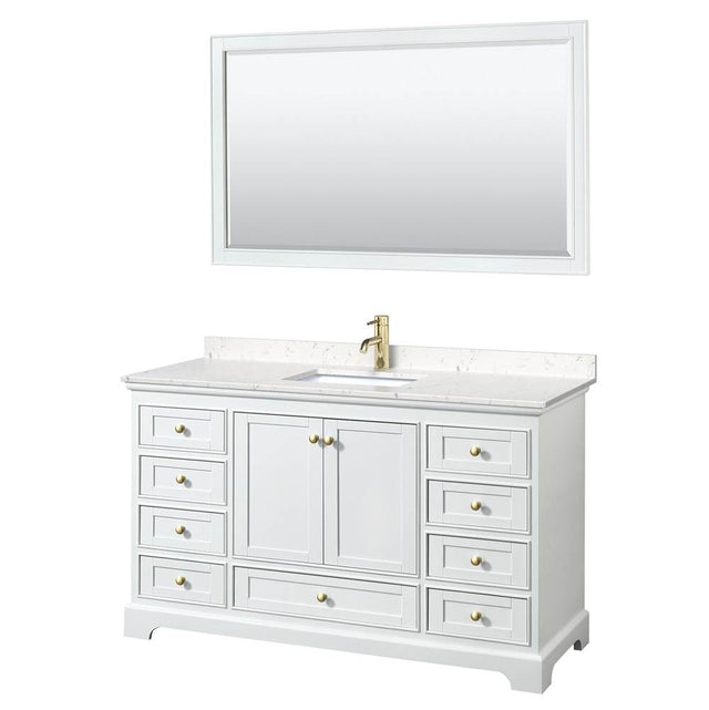 Wyndham Collection - Deborah 60 Inch Single Bathroom Vanity in White, Carrara Cultured Marble Countertop, Undermount Square Sink, Brushed Gold Trim, 58 Inch Mirror