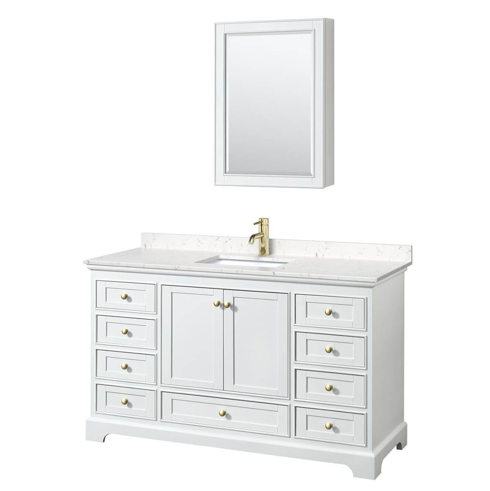 Wyndham Collection - Deborah 60 Inch Single Bathroom Vanity in White, Carrara Cultured Marble Countertop, Undermount Square Sink, Brushed Gold Trim, Medicine Cabinet