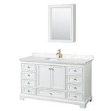 Wyndham Collection - Deborah 60 Inch Single Bathroom Vanity in White, Carrara Cultured Marble Countertop, Undermount Square Sink, Brushed Gold Trim, Medicine Cabinet