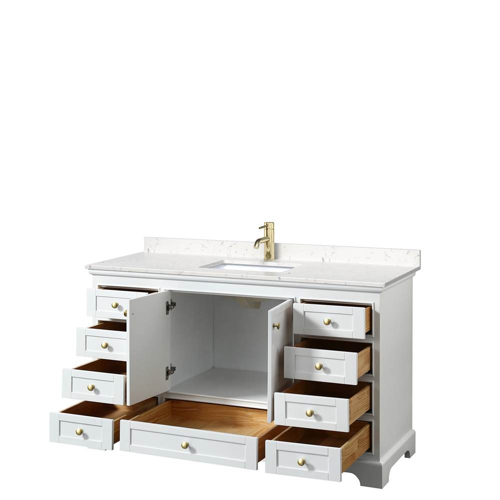 Deborah 60 Inch Single Bathroom Vanity in White, Carrara Cultured Marble Countertop, Undermount Square Sink, Brushed Gold Trim, No Mirror