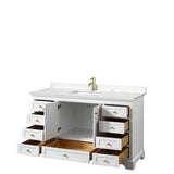 Deborah 60 Inch Single Bathroom Vanity in White, Carrara Cultured Marble Countertop, Undermount Square Sink, Brushed Gold Trim, No Mirror