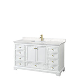 Wyndham Collection - Deborah 60 Inch Single Bathroom Vanity in White, Carrara Cultured Marble Countertop, Undermount Square Sink, Brushed Gold Trim, No Mirror