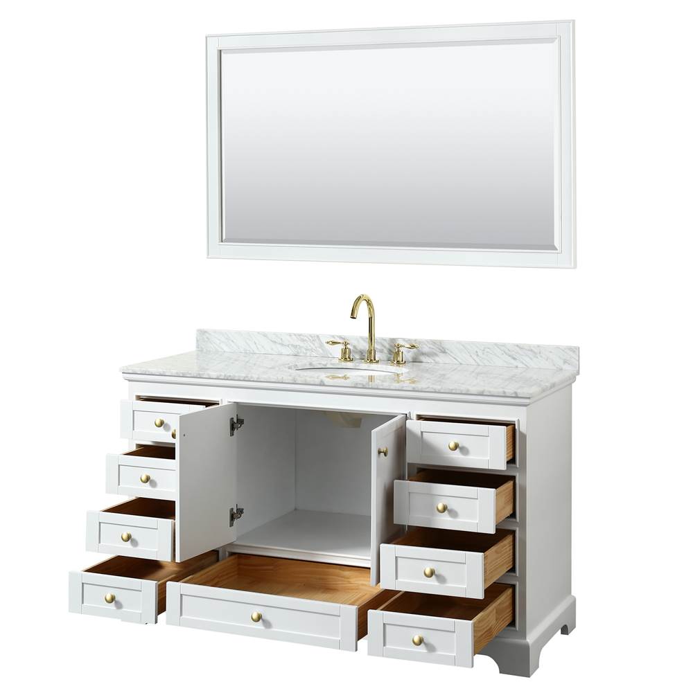 Deborah 60 Inch Single Bathroom Vanity in White, White Carrara Marble Countertop, Undermount Oval Sink, Brushed Gold Trim, 58 Inch Mirror