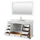 Deborah 60 Inch Single Bathroom Vanity in White, White Carrara Marble Countertop, Undermount Oval Sink, Brushed Gold Trim, 58 Inch Mirror